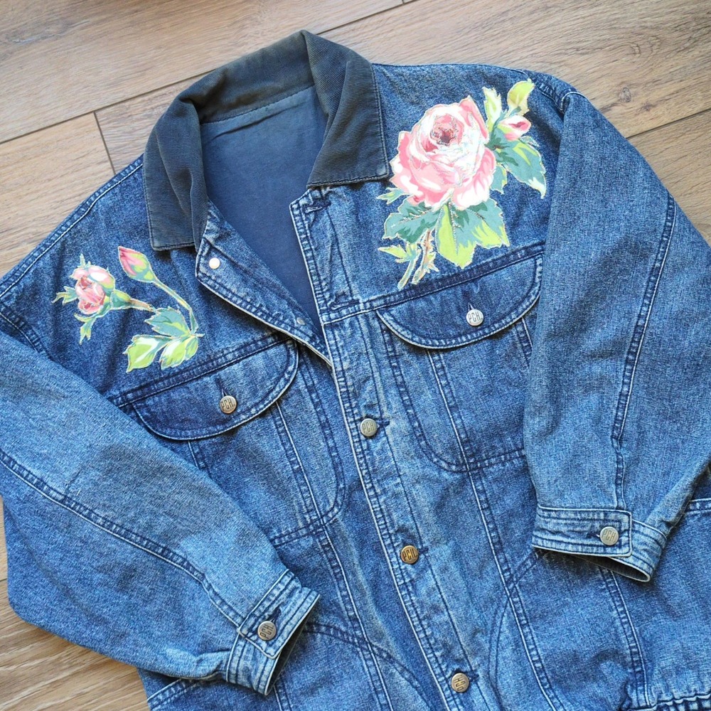 Vtg 90s PCH‎  Floral Rose Denim Jacket Corduroy Collar Small Petite